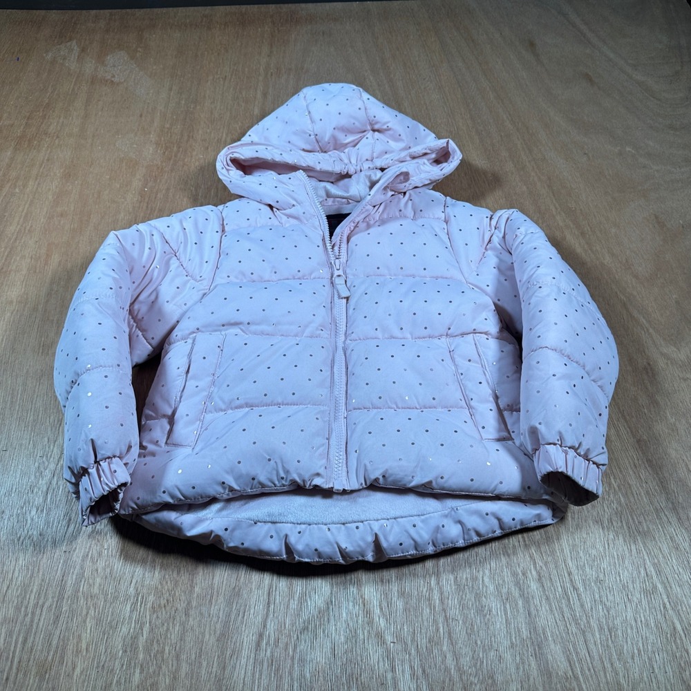 Swiss Tech Puffer Jacket Kids XS 4-5 Pink Foil Polka Dot Hooded Winter Coat